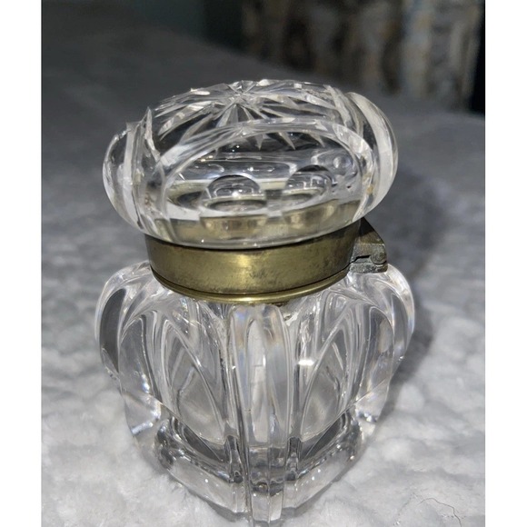 Other - Antique Crystal Cut Glass Inkwell Asprey‎ Co. ?   Brass Hinged Lid 19th Century